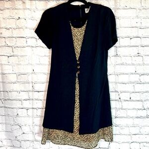 ⭐️ Sheri Martin vintage black layered look leopard print dress & black jacket 8P